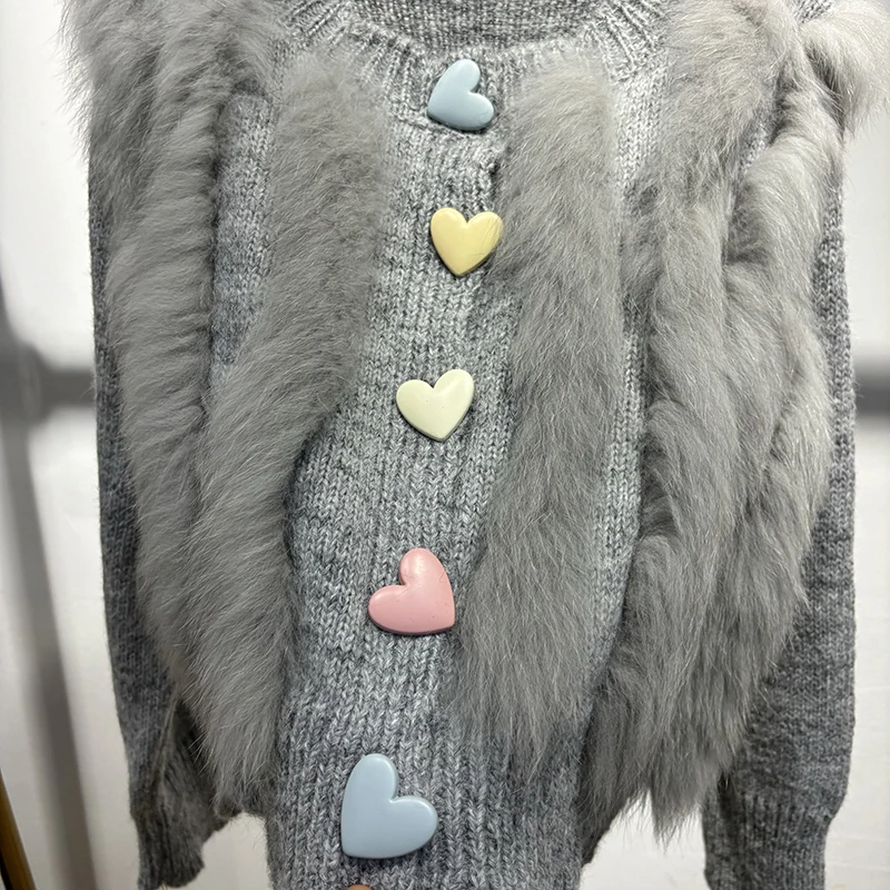 2025年 ガールズ ラブリーハートボタン 本物の狐の毛皮セーター 天然毛皮 キュートなニットジャケット