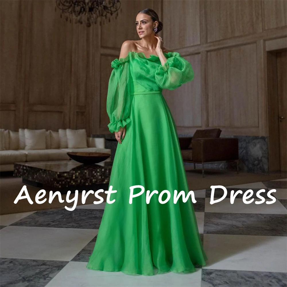 Aenyrst Off The Shoulder Long Puff Sleeves Ruffles Prom Dresses A Line Backless Evening Gowns Floor Length Dinner Party Dress