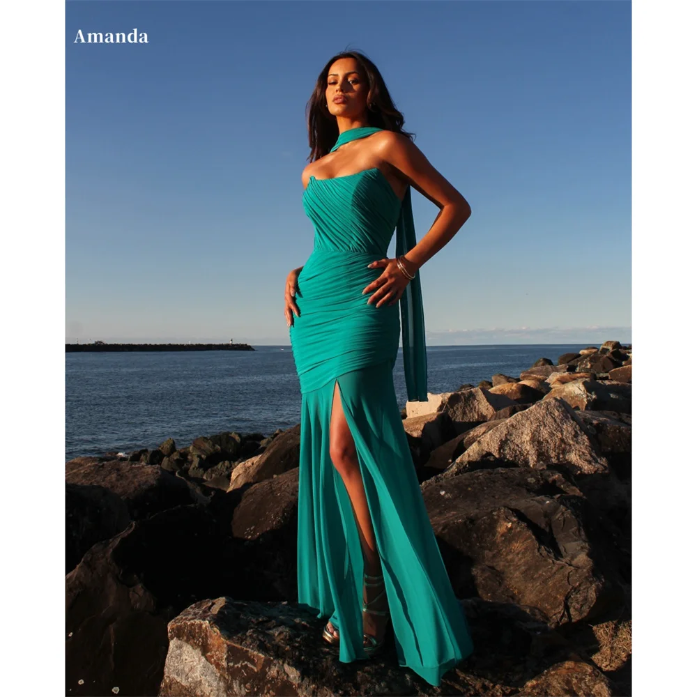 

Amanda Customized Sheath Halter Neck Strapless Prom Dresses Sexy Sleeveless Split vestidos de noche Sweep Train Formal Evening