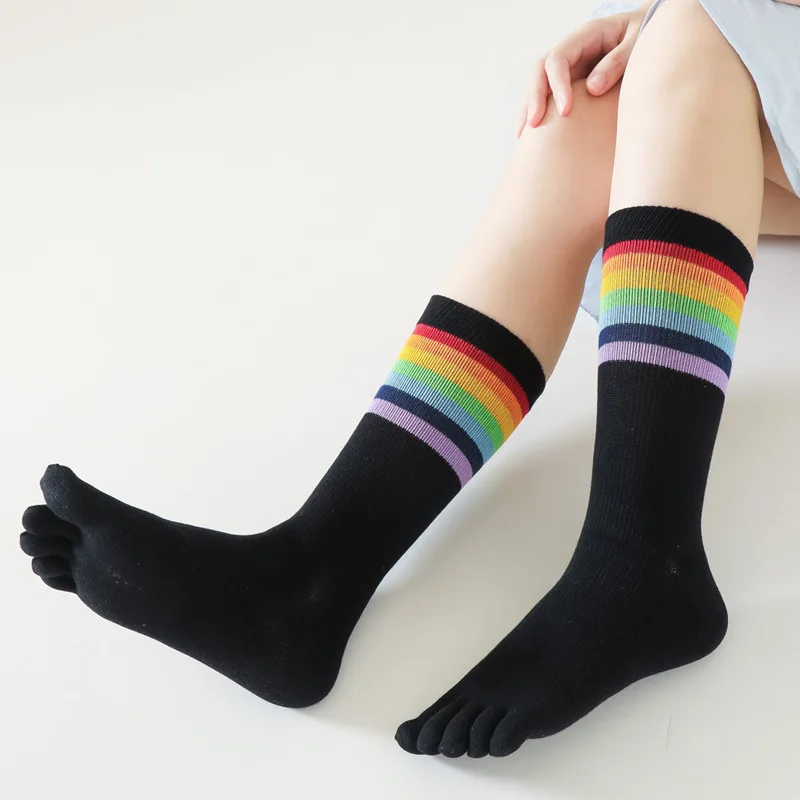 Fashion Rainbow Socks with Toes Woman Mid-calf Striped Black White Cotton Sock Korean Style Sport Compression Five Finger Socks