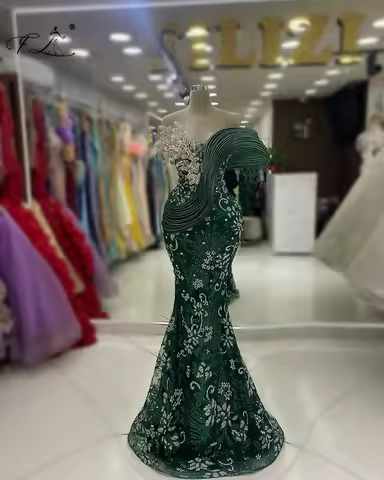 Dark Green Mermaid Evening Dress Rhinestone Wheat Ear Evening Dress Ruffled Party Dress Luxurious Evening Dress Customizable