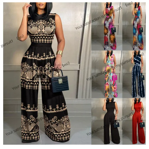 

Новый летний повседневный прямой комбинезон в европейском и американском стиле, женская одежда без рукавов с тонким принтом