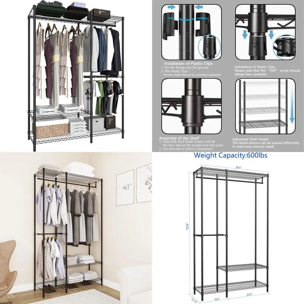 

Прочная регулируемая металлическая вешалка для одежды, портативный органайзер для гардероба, 39.5Д x 15.75Ш x 75.6В, грузоподъемность 600 фунтов, черный цвет