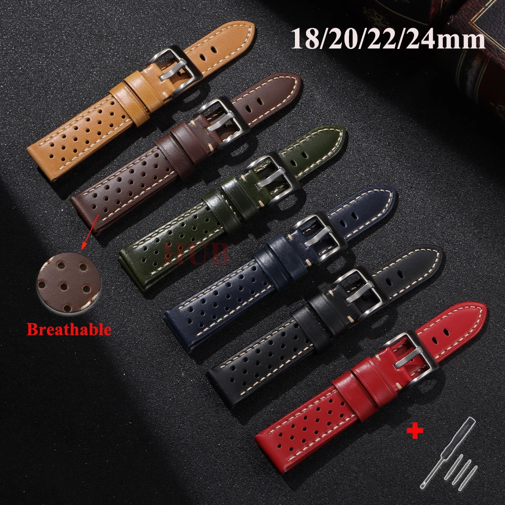 

Винтажный ремешок для часов ручной работы 18 мм, 20 мм, 22 мм, 24 мм, гоночный ремешок из воловьей кожи для мужчин, серый, черный, коричневый, синий, дышащие пористые ремешки для часов