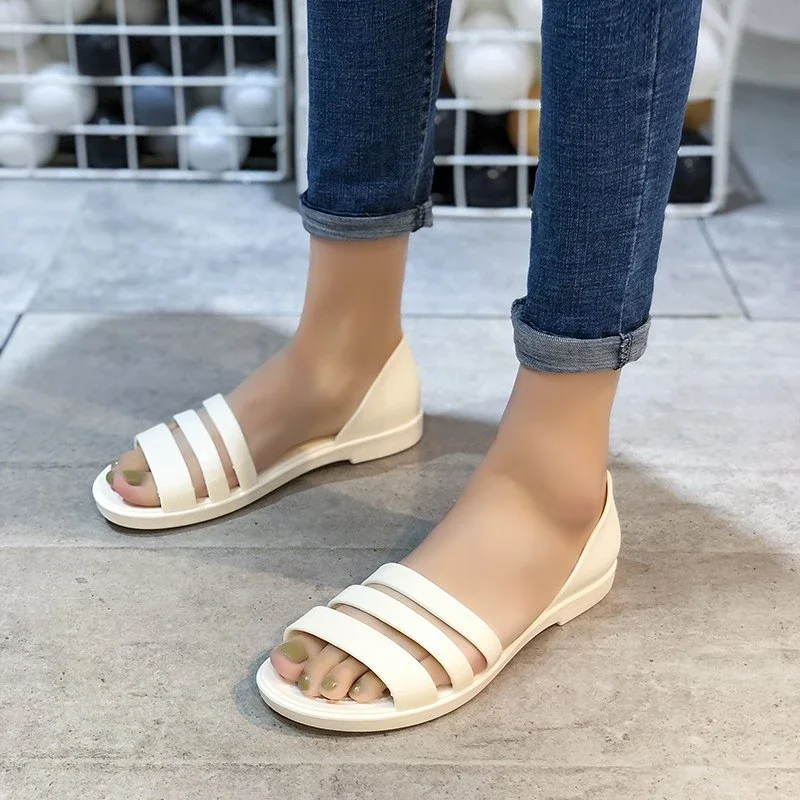 New Fashion Open-Toed Slides Shoes for Women Summer Flat Sandals Candy Color Casual Beach Outdoor Female Ladies Jelly Slippers