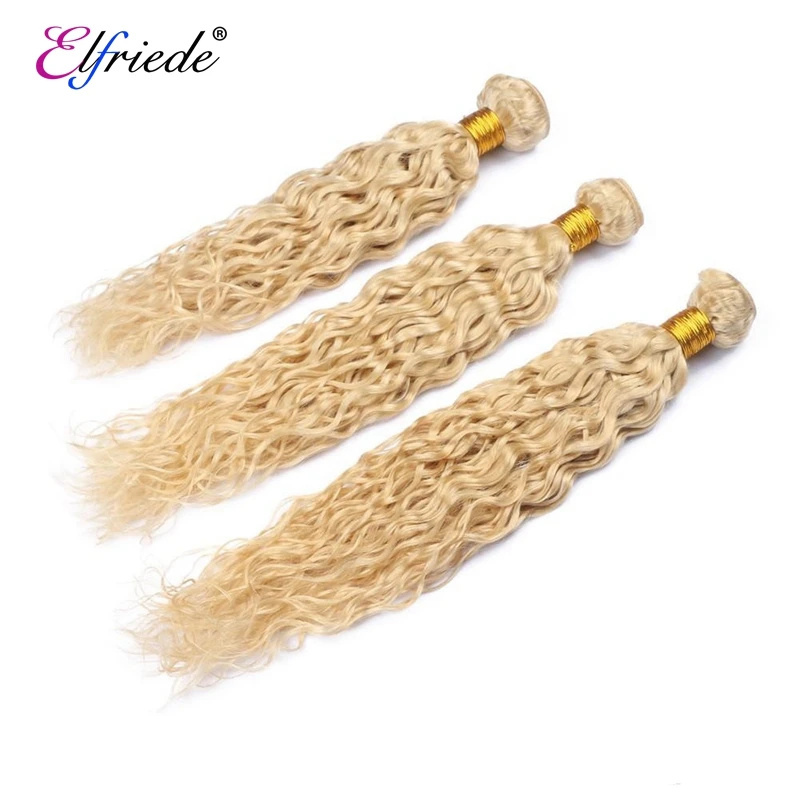 Elfriede #613 Blonde Water Wave Bundles with Closure Brazilian Remy Human Hair Weave 3 Bundles with 4X4 Transparent Lace Closure