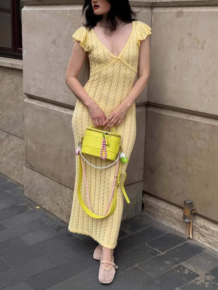 

Blifanbo Ruffled Knitted Sexy V-neck Maxi Dress For Women Elegant High Waist Solid Knit Fashion Backless Long Dress Streetwear