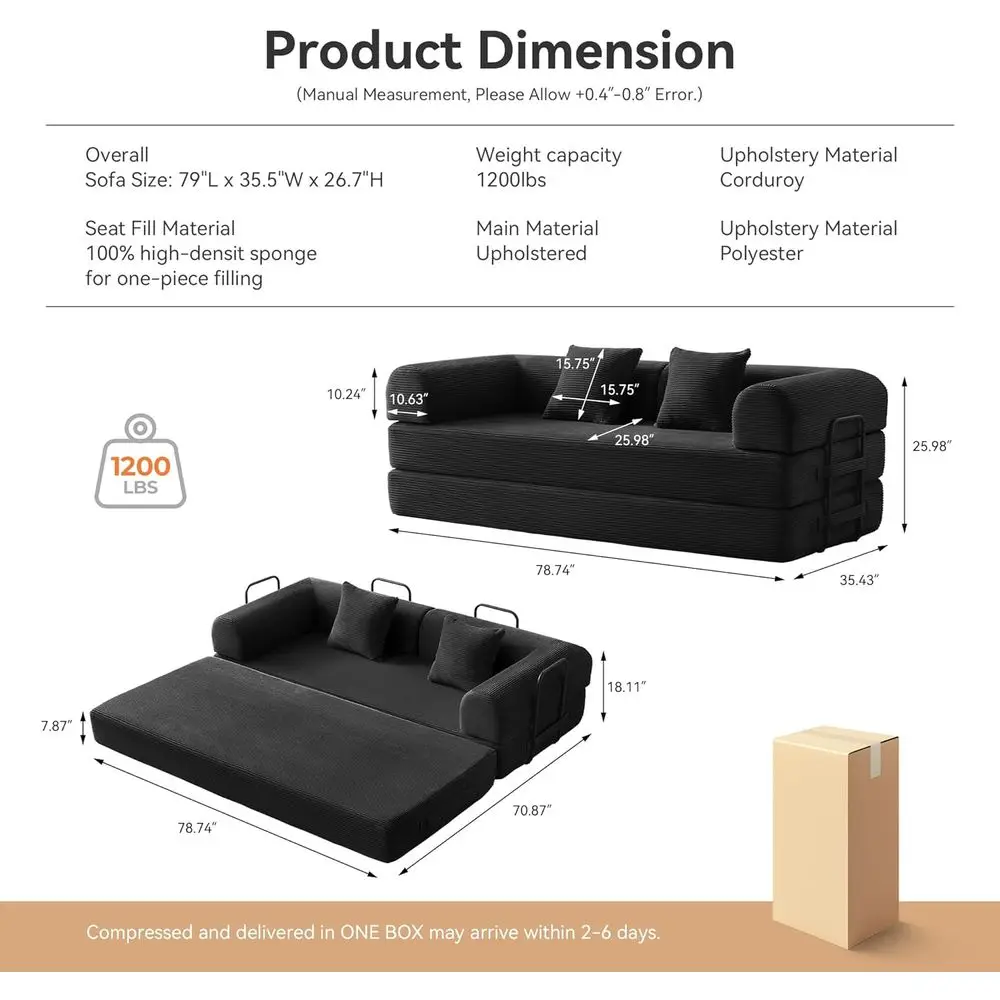 Convertible Sleeper Bed with 2 Cylindrical Pillow, Comy oldable Bed Compred Soa in Box, loor Soa Lounge Couch or Living Room Bed