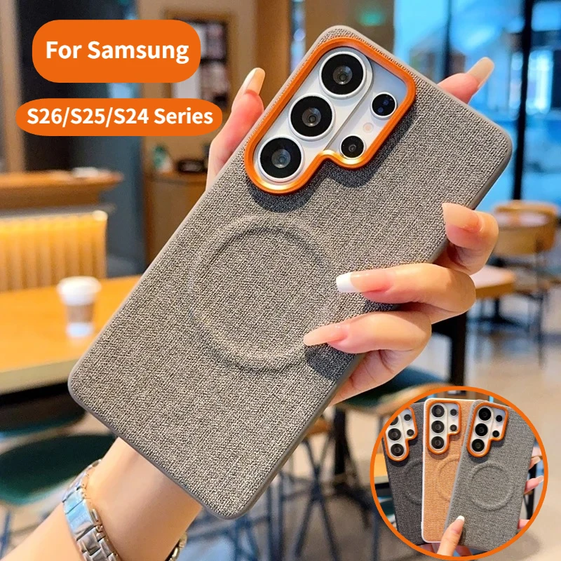 Fabric Texture PC Magnetic Wireless Charging Phone Case for Samsung S26 S25 Edge S24 Plus Ultra for Magsafe Lens Protect Fundas