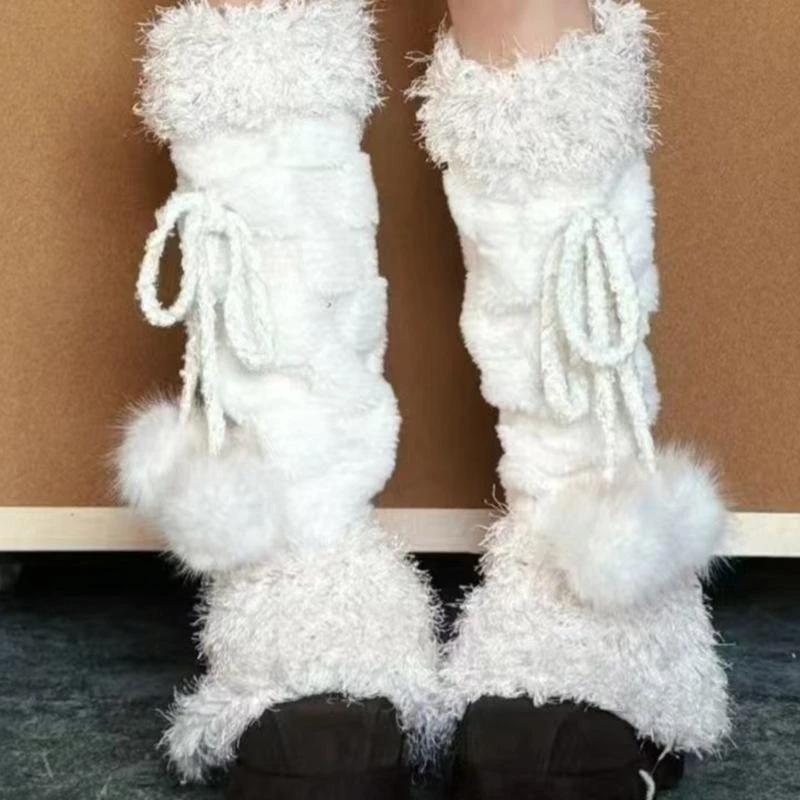 

Faux Furs Leg Covers with Sweet Hairy Plush Balls Bowknot for Women Winter Thick Thermal Furry Leg Warmers Boot Covers 15UB