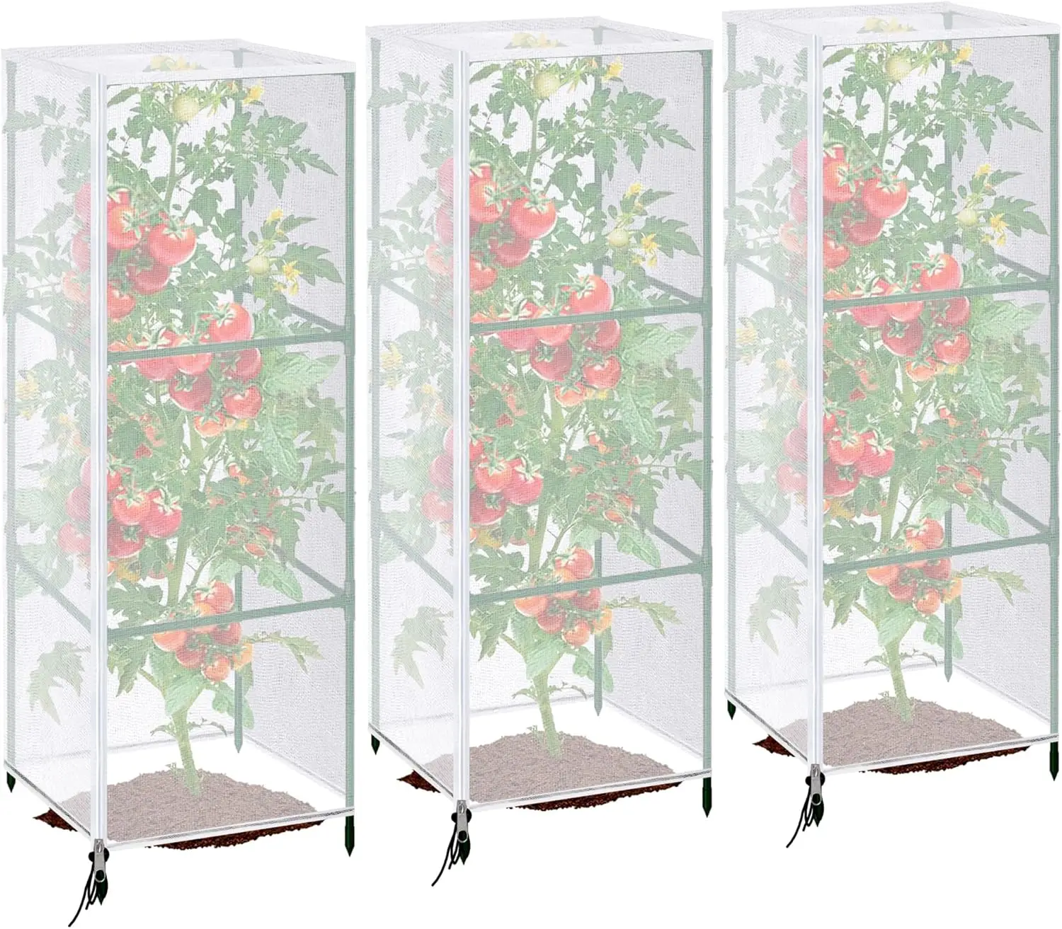 

3 Pack Garden Bird Netting for Square Tomato Cage, 59x17.7 Inch Insect Barrier with Zipper & Drawstring, Plant Protection Cover