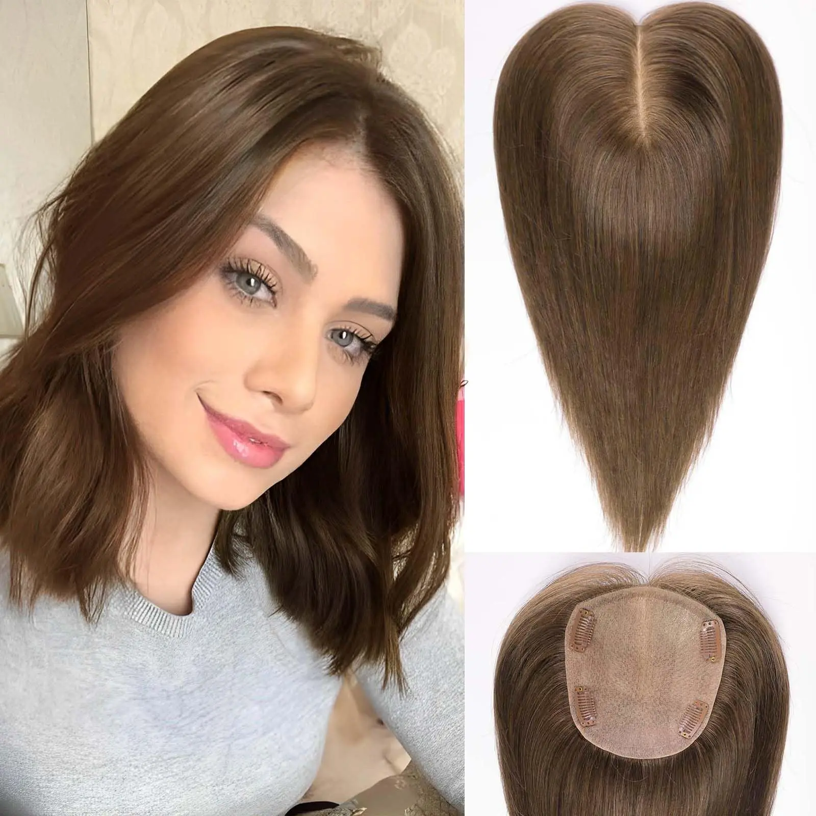 Toppers de cabelo humano marrom, parte intermediária, 14 polegadas, 5x5.5 polegadas, base grande, 4 clipes, topper de cabelo humano natural para mulheres com desbaste