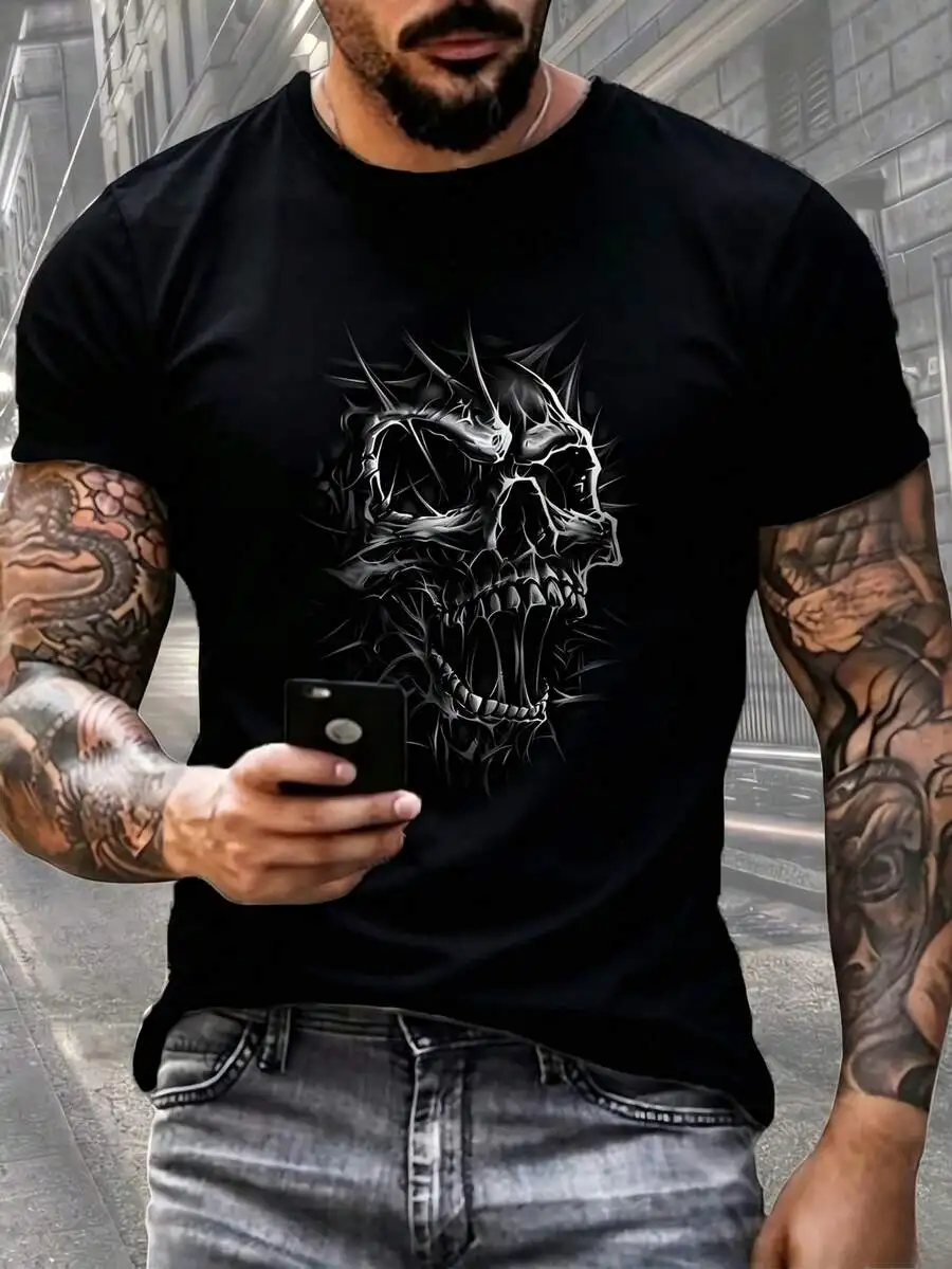 Men'S Edgy 3D Skull Print T-Shirt - Black Crew Neck Short Sleeve Top, Polyester Blend, Machine Washable, Summer Fashion, Everyda