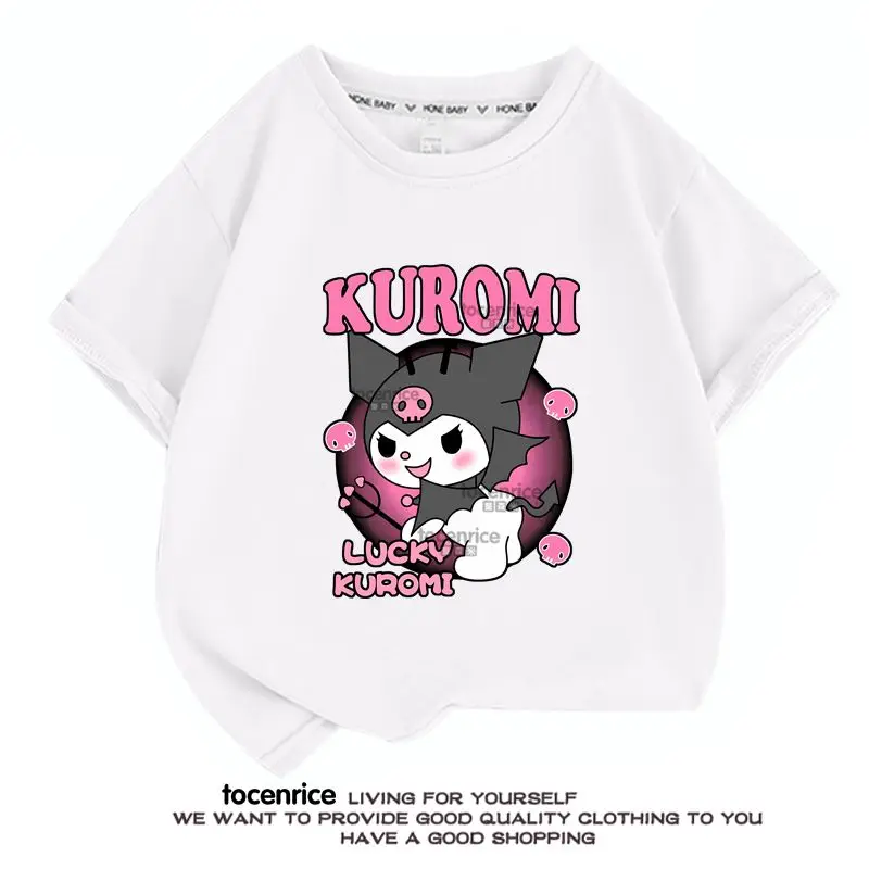 Kawaii Anime Kuromi Short Sleeve Cute Cartoon Cotton T-Shirt Fashion Children Loose Tops Summer Children Clothes Gifts for Kids