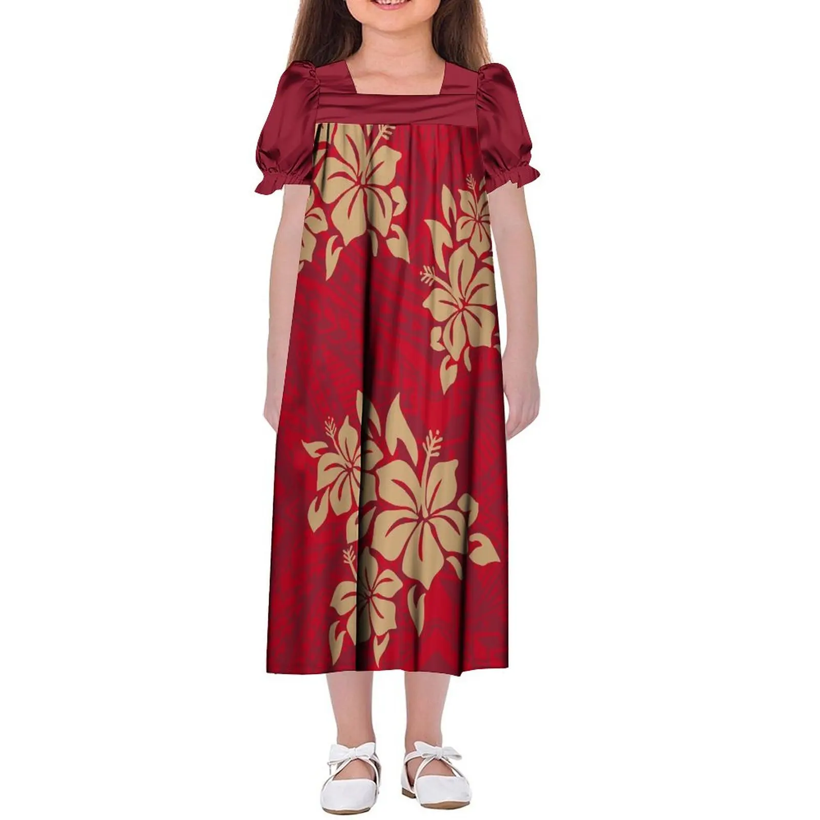 

Hibiscus Flower Frangeria Girl Dress Elegant Square Neck Full Skirt Puffed Sleeves Design Polynesian Mumu Children'S Dress