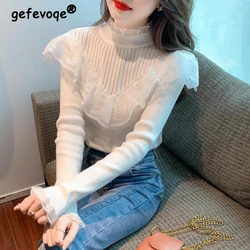 Women's Clothing Trendy Ruffles Sweet Chic Fairy Lace Patchwork Basic Knitwear Casual Black White Long Sleeve Slim Pullover Tops