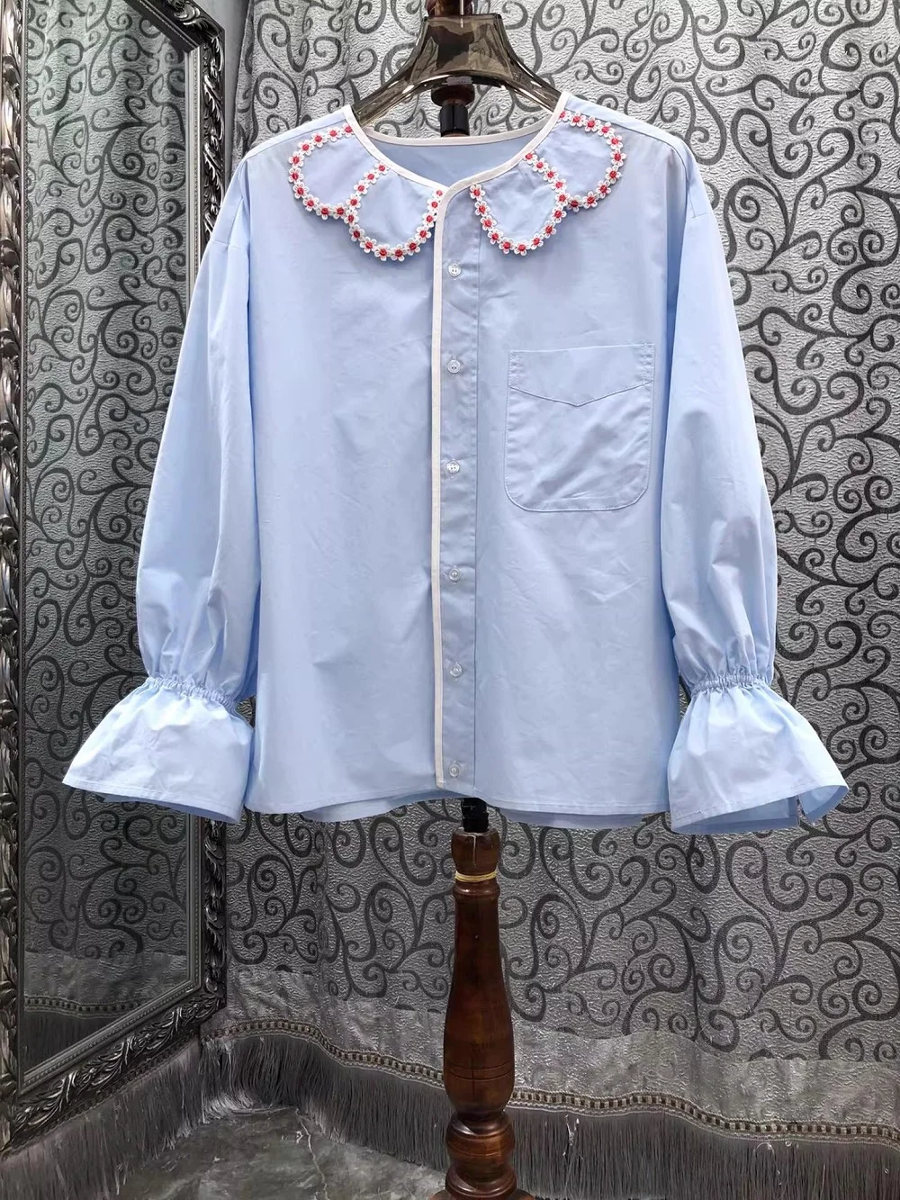 

100%Cotton Shirts 2026 Spring Style Women Color Block Floral Embroidery Chest Pocket Flare Sleeve Casual Sweet Blue Shirts