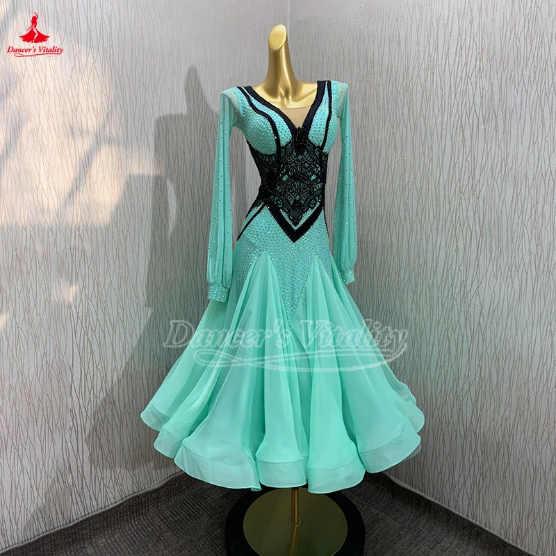 カスタマイズ女性ワルツフォックストロットタンゴプロフェッショナル服社交ダンスパフォーマンスや競技会長袖ビッグスイングドレス