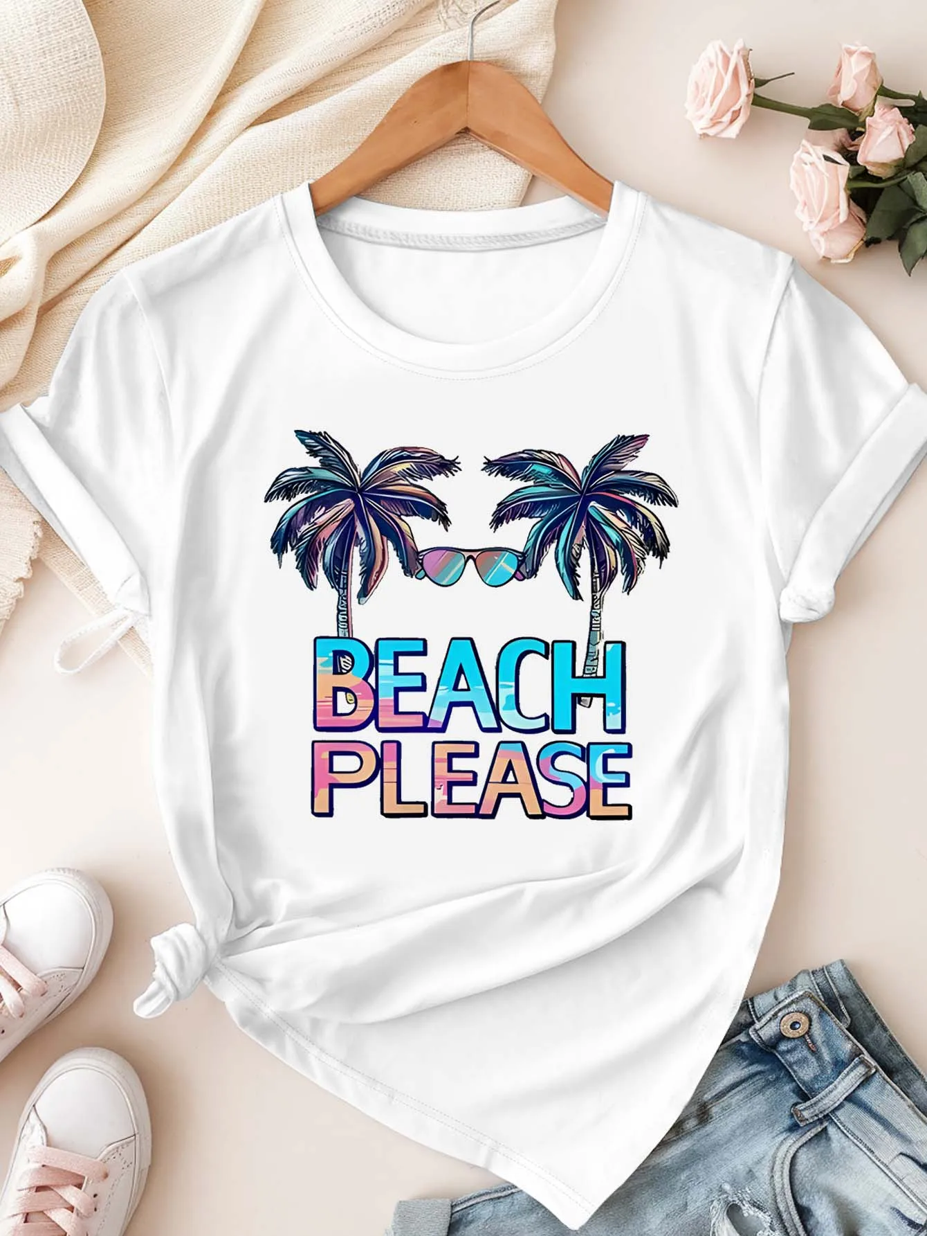 Plus Size Beach Please Palm Tree Grafik-T-Shirt für stilvolle Beachy Vibes