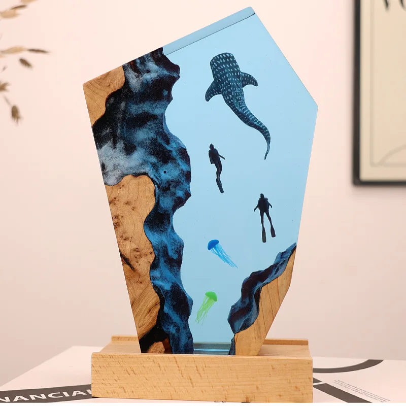 Resin Cave Whale Diver Desktop Jellyfish Glowing Ornament Creative Home Decoration Marine Art Gift for Giving