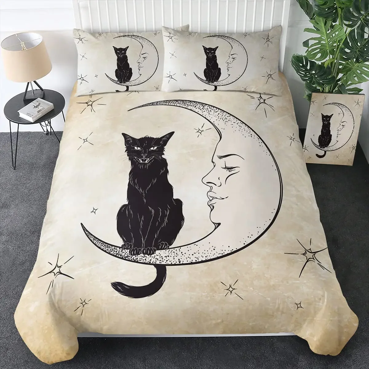 Witch Black Cat Duvet Cover Set Full,Cat Sitting on Moon Bedding Set Vintage Gothic Animals Cat Comforter Cover 2/3pcs Bed Sets