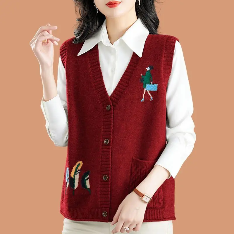 Women Korean Vintage Embroidery Sleeveless Button Cardigan V Neck Elegant All Match Sweater Vest Casual Loose Knitted Waistcoat