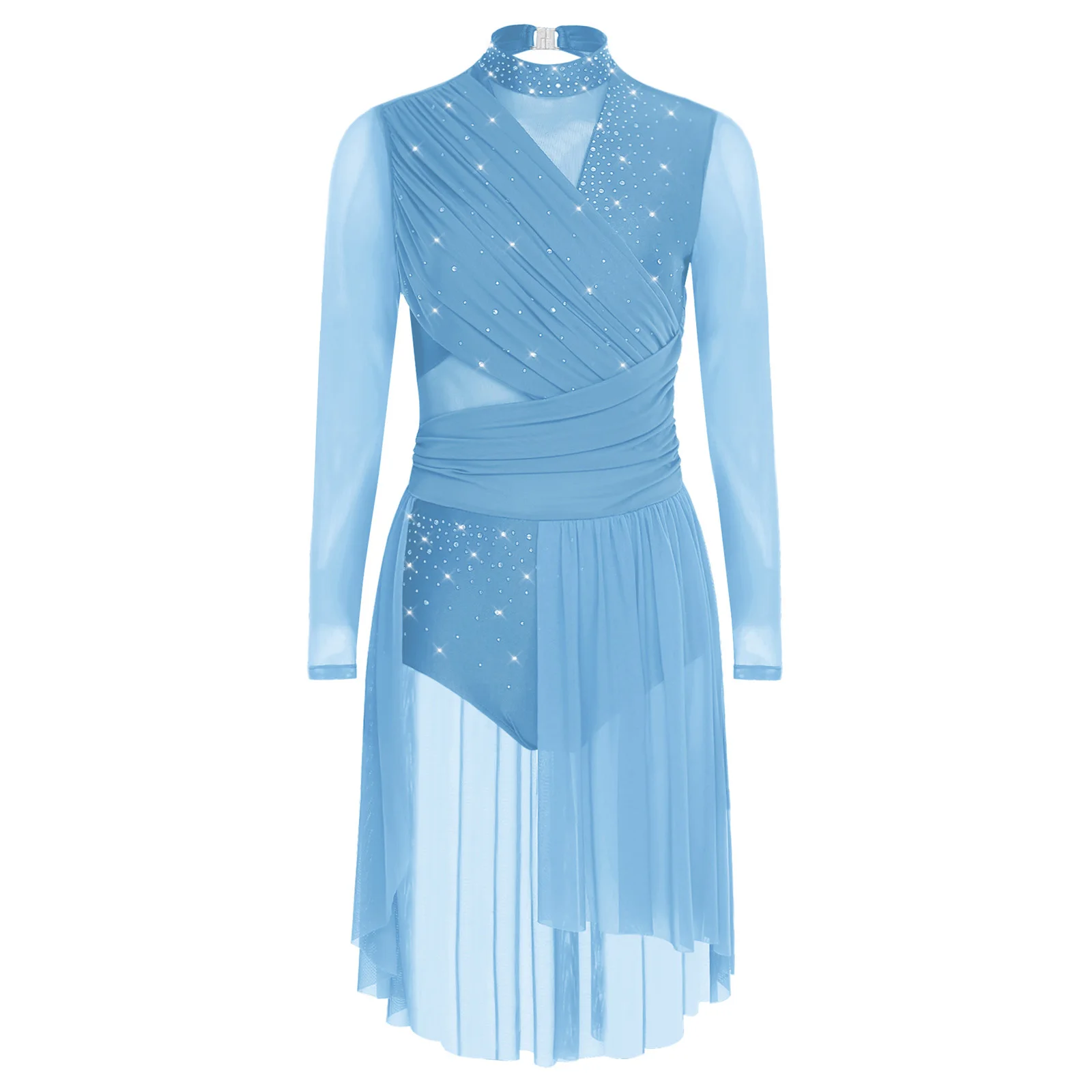 

Womens Lyrical Dance Dress Modern Contemporary Dance Costumes Long Sleeve Glittery Rhinestone Ruched Backless Leotard Dress