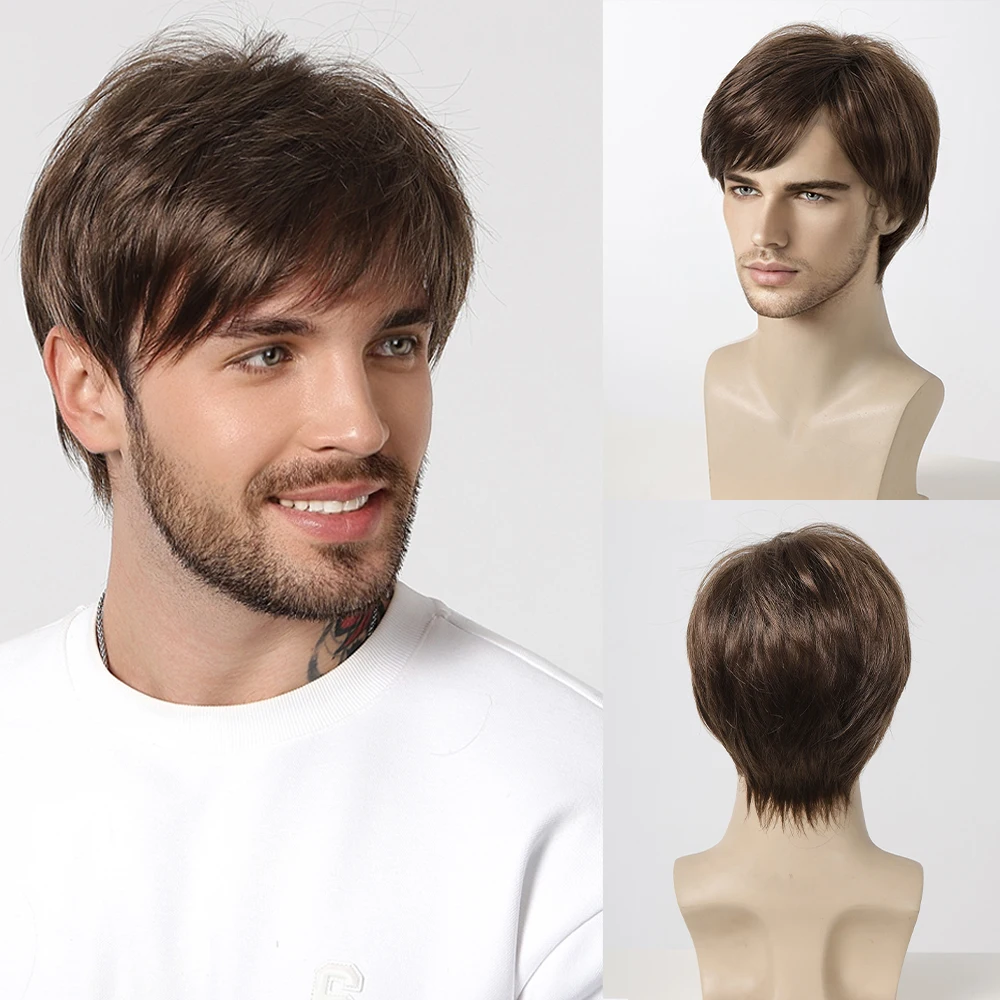 Bob Pixie Cut Wig for Men Light Brown Short Straight Synthetic Layered Wig with Bangs Natural Looking Hair for Cosplay Daily