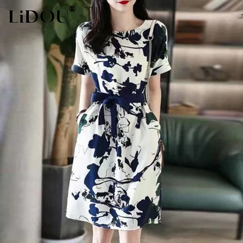 Summer Print Elegant Fashion Ink Painting Dress Women Short Sleeve Chic Aesthetic Vestidos De Fiesta Sweat Vintage Robe Femme