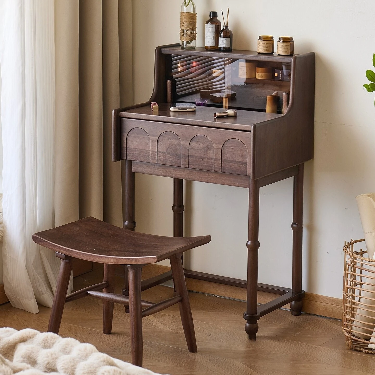Solid wood dresser, black walnut, retro bedroom desk, small bedside makeup table with drawers