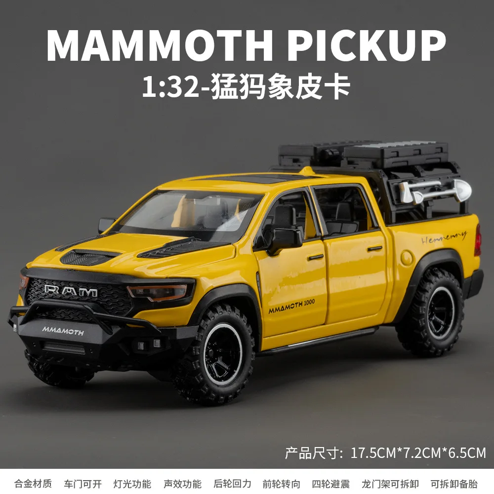 1:32 Dodge RAM MAMMOTH Pickup Off Road car Miniature Diecast Metal Model Car Toy Pull Back Sound & Light Collectibles Gifts