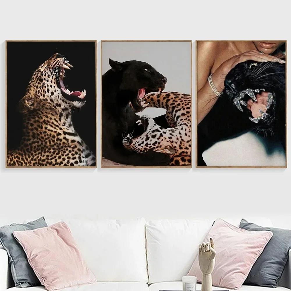 Hypebeast Modern Black White Doberman Gun Luxury Fashion Poster Leopard Tiger Dog canvas Painting Art Picture Nordic Home Decor