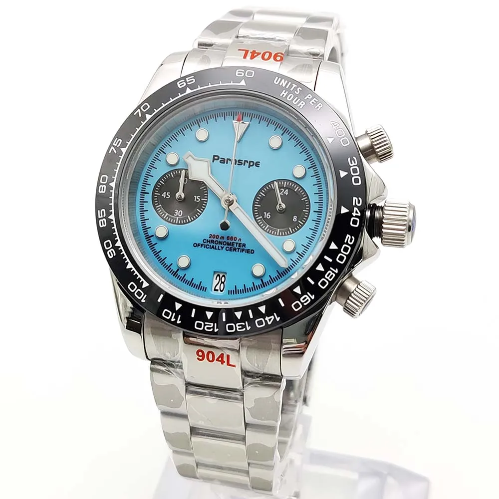Parnsrpe - ساعة كوارتز رياضية كاجوال للرجال، حركة Vk64، زجاج ياقوتي، قرص أزرق معقم بتقويم