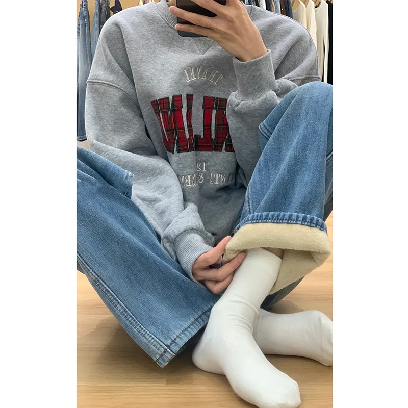 

High Waist Fleece Lined Slim Straight Denim Jeans Women's Loose Wide Leg Floor Length Pants Autumn Winter Fashion plus Size