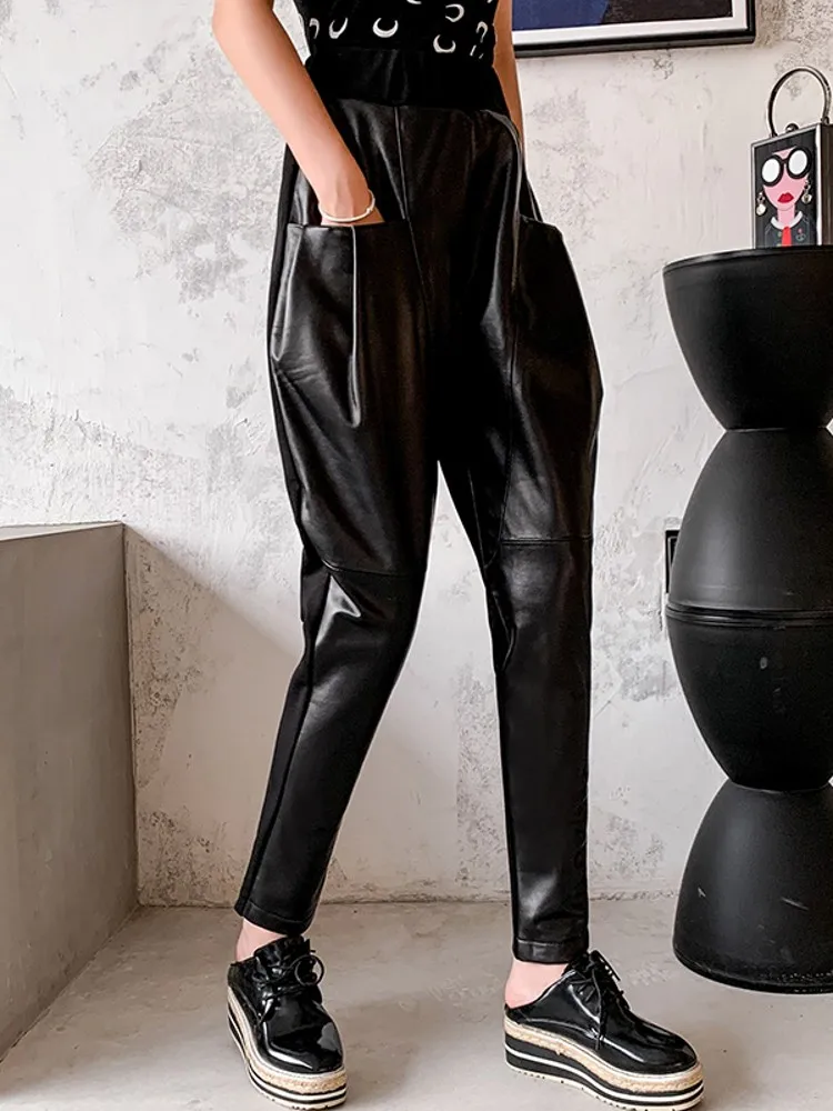 Women Casual Loose Fit Harem Pants Elastic Waist Spliced Sheepskin Genuine Leather Pants Spring Pocket Drop Crotch Joggers Pants