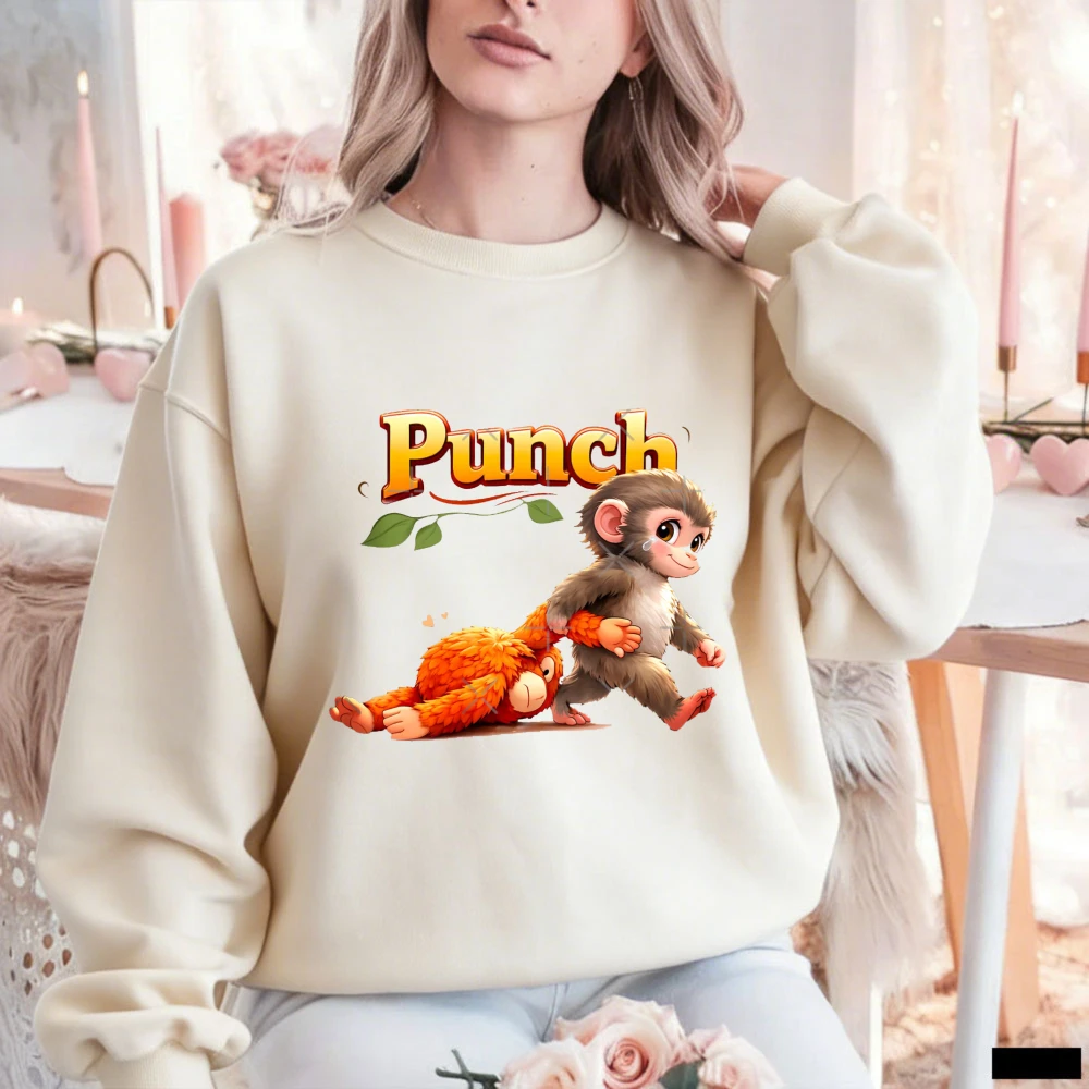 

Vintage Cute Cartoon Monkey Dragging Plush Leaf Accent Punch Pullover Trendy Casual Wear Playful Whimsical Adorable Sweatshirt