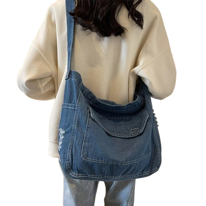 Bolso cruzado tela vaquera para mujer, bolso hombro capacidad, bolso mensajero informal, bolso escolar para