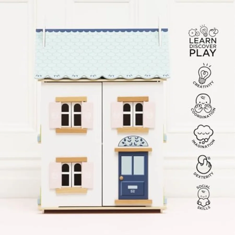 Casa de boneca de madeira |   Conjunto de brincar para casa de bonecas de madeira de 3 andares para meninas e meninos – adequado para maiores de 3 anos