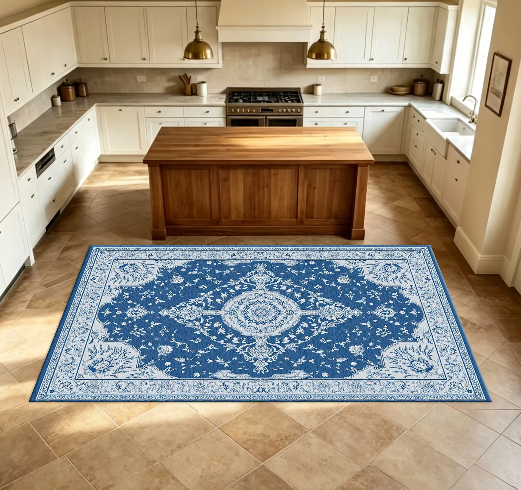 Blue and White Vintage Oriental Medal Pattern Carpet Traditional Floral Border Pattern Floor Rug Suitable for Living Room Home Decor