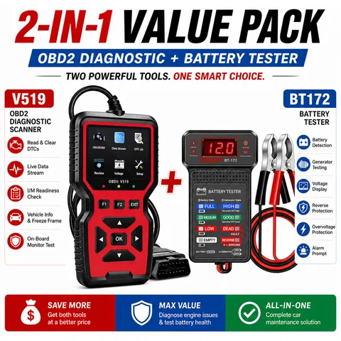 V519 Obdii Scanner + Bt172 Car Battery Analyzer 2Pcs Kit, Engine Fault Code Reader, Live Data, 12V Electrical System Tester