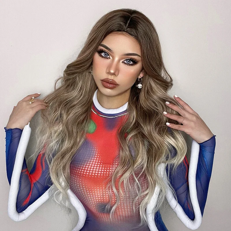 Perruque synthétique longue ondulée bouclée pour femmes, ombrée, marron, blond clair, fête quotidienne, Cosplay