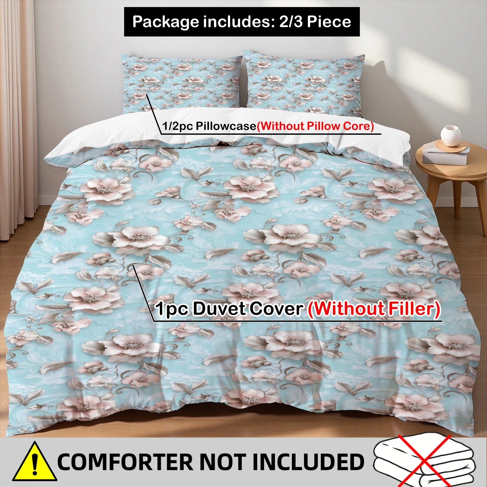 Cyan Floral Duvet Cover Set 3Pcs Vintage Flower Print Bedding 2 Pillowcases No Comforter Breathable All Sizes Bedroom Decor
