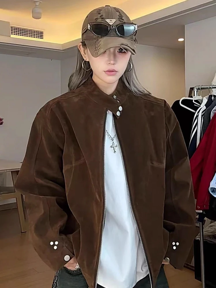 

Retro Faux Suede Matte ort Stand Collar Jaet Men's Autumn CleanFit American High-End Feeling Cool Workwear Outerwear