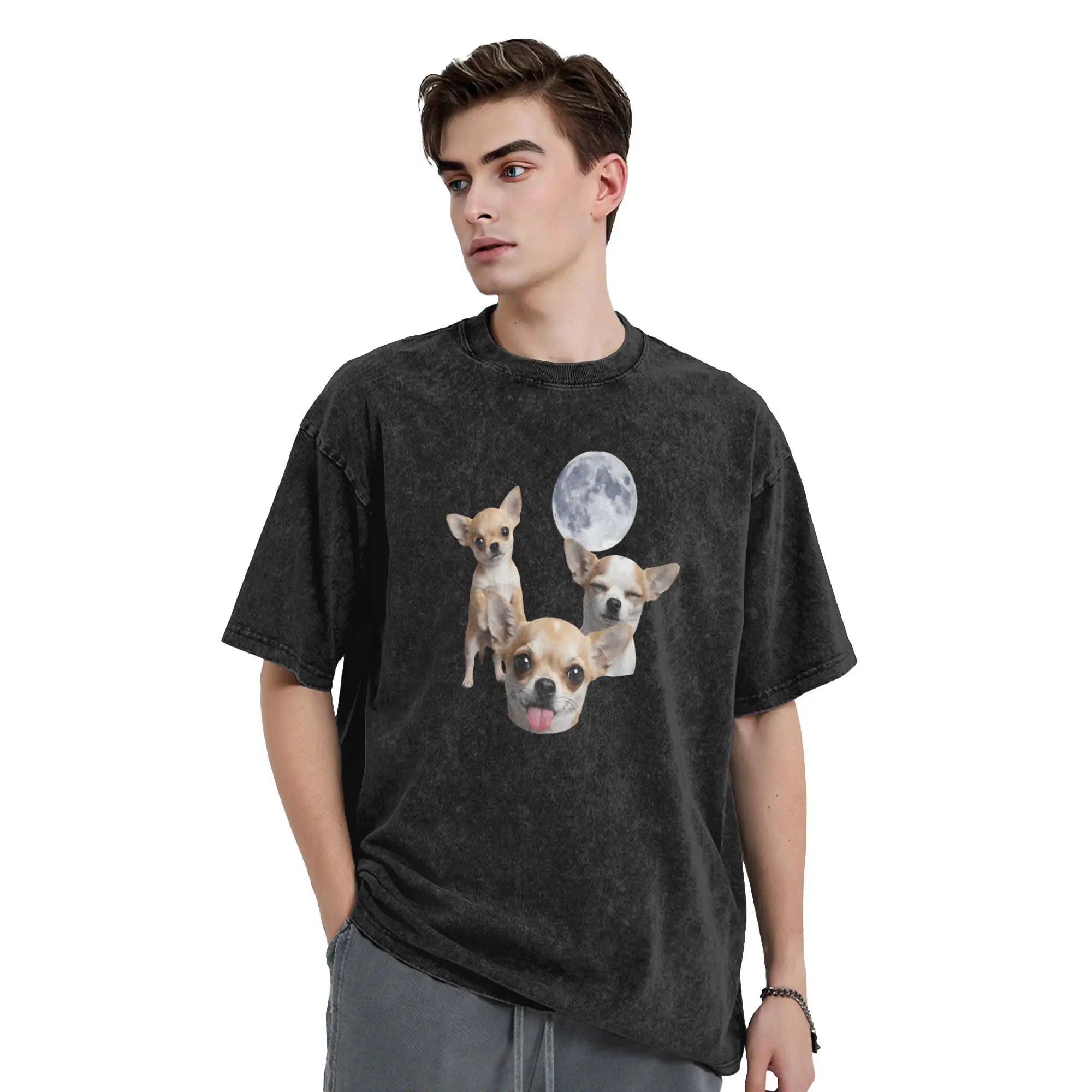 Chihuahua Howling to The Moon T-Shirts for Men  Novelty 100% Cotton Tee Shirt O Neck Short Sleeve T Shirts Plus Size Tops