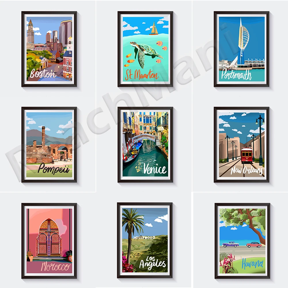 Venice, Italy, Hawaii, Los Angeles, Greece, Cuba, Havana, San Martin, Boston, Massachusetts, Morocco, Portsmouth travel poster