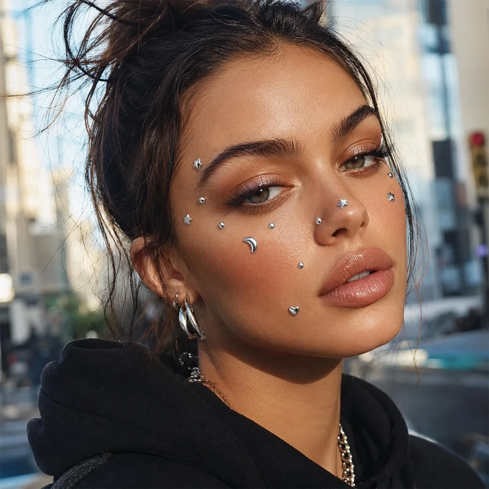 Fake Piercings Balls Stick on Nose Stud Fake Eyebrow Lip Hoop Medusa Labret Stud Adhesive Star Face Gems Rhinestone view 3