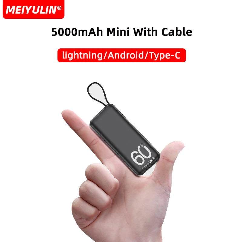 5000mAh Mini Power Bank With Type-C Cable Portable Fast Charging External Spare Battery for iPhone 15 Samsung Xiaomi Powerbank