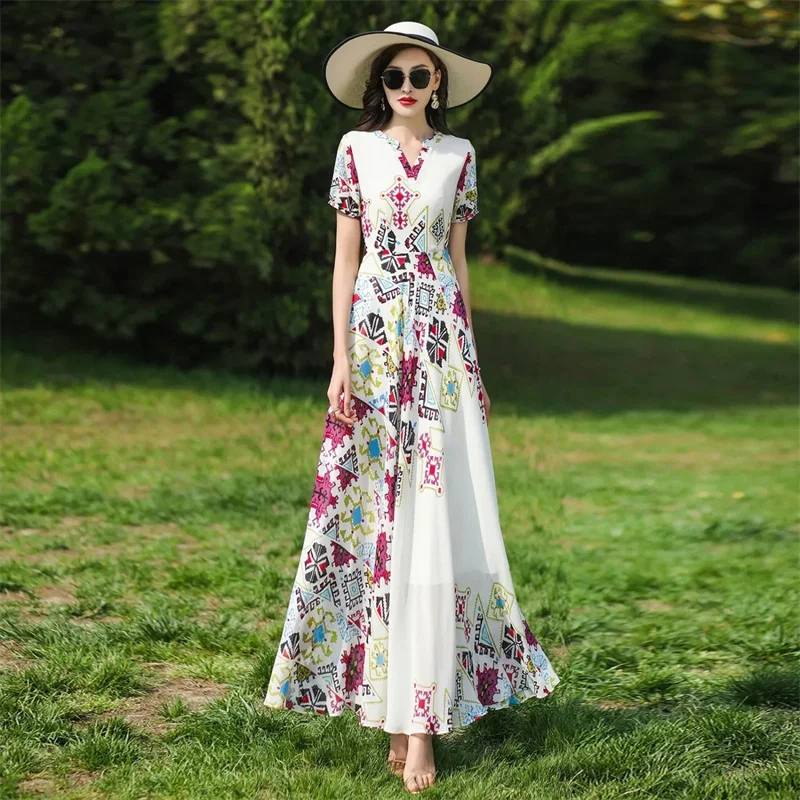 

2024 Summer Women Elegant Chiffon Maxi Dresses Fashion Print Dresses Short-Sleeve Bohemia Beach Vacation Lengthen A-Line Dresses