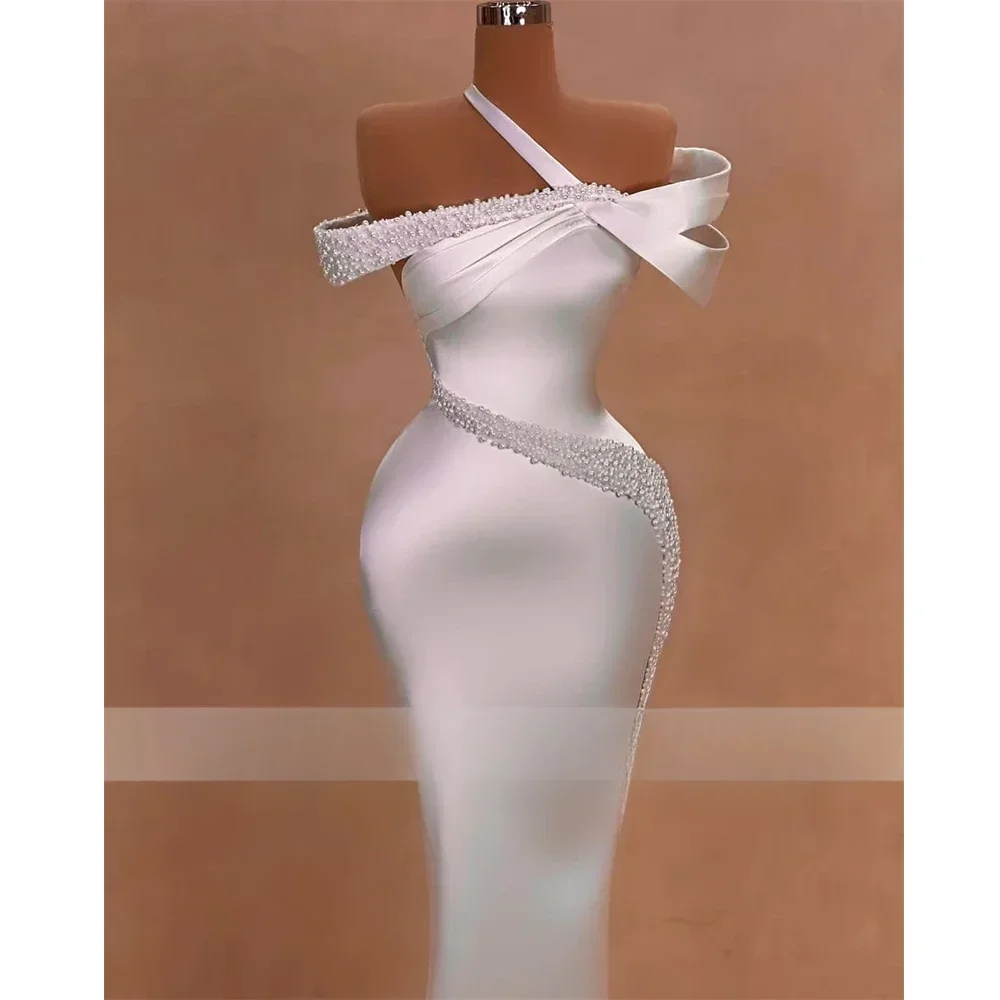 Luxury Pearls Wedding Dresses Halter Beads Satin Mermaid Gowns Luxury Fashion Off The Shoulder Pleated Women Bridal Dresses