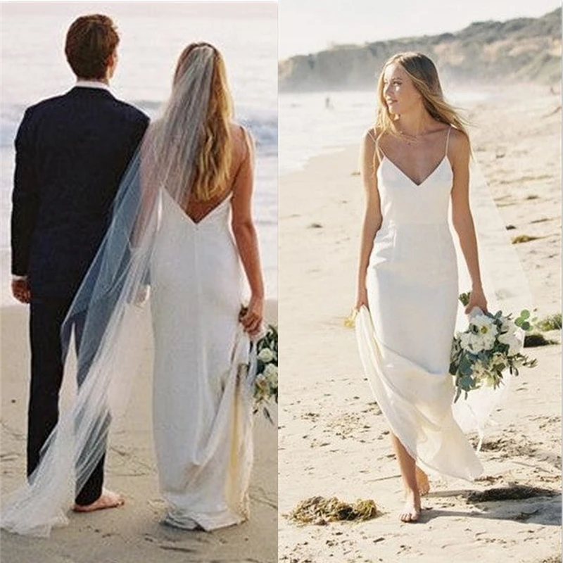 2022 Simple Beach Spaghetti Strap Wedding Dress Sleeveless V-neck Open Back Bridal Gown With Veil Robe De Mariée Custom Made